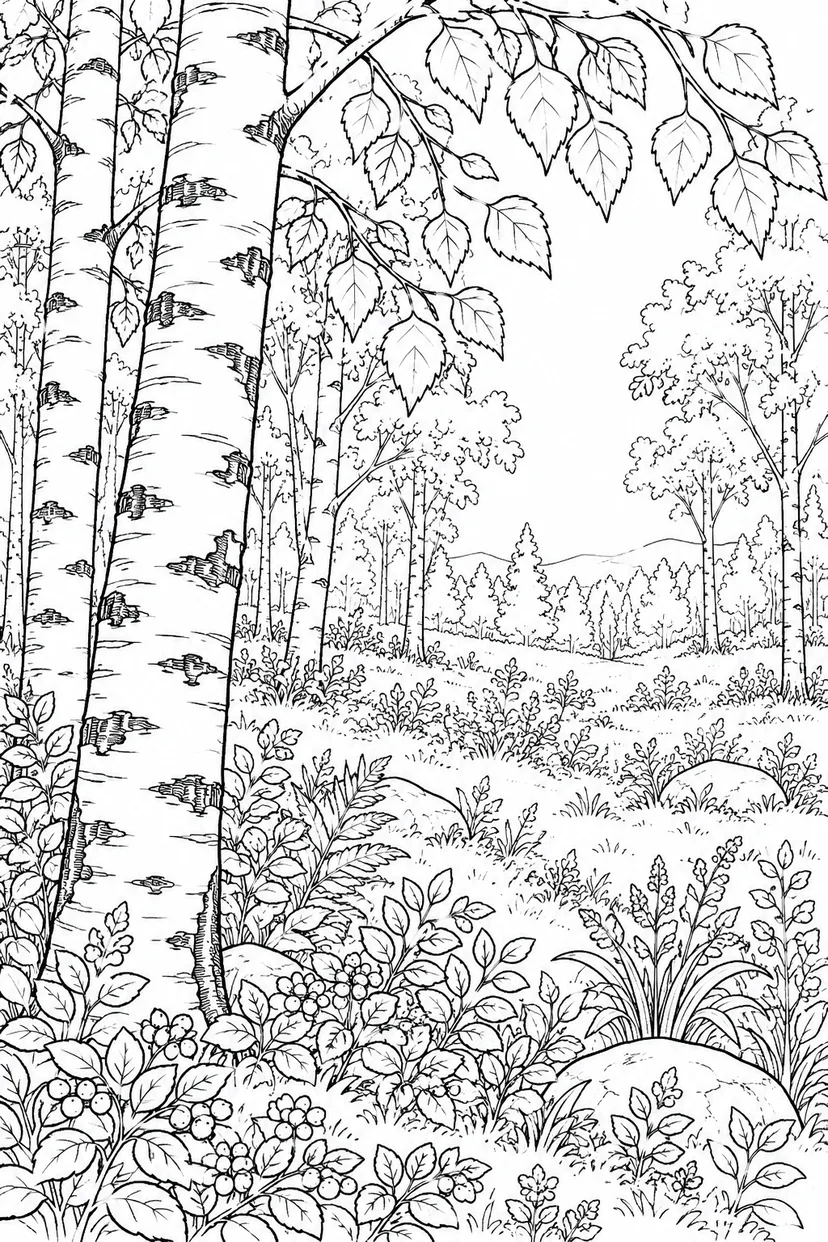 自然のひとこま：白樺の幹と葉の塗り絵