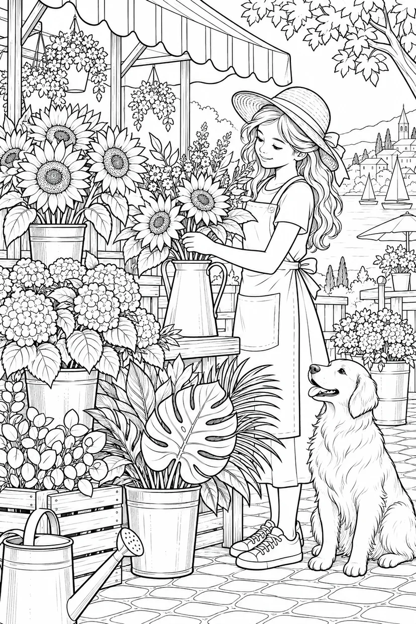 夏の花屋さんの小さな屋台の塗り絵