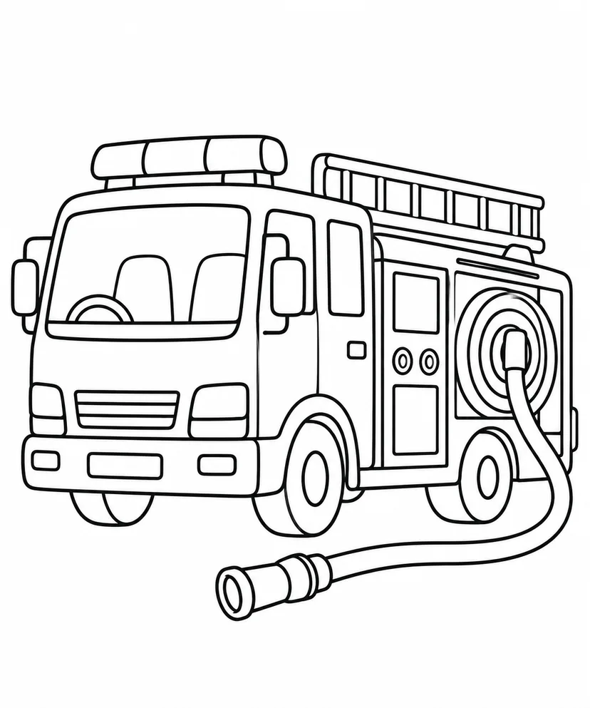消防車と消火ホースの塗り絵