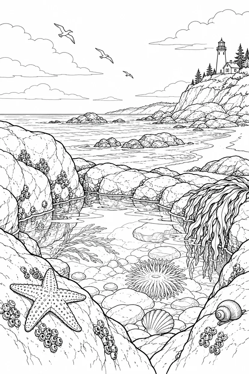 自然のひとこま：岩の間の小さな潮だまりの塗り絵