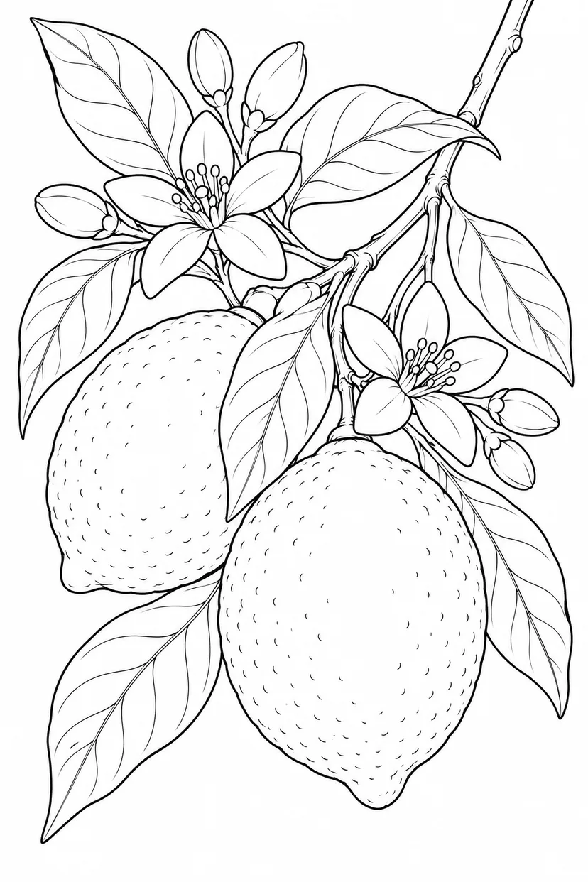 観察スケッチ：レモンの花と実の塗り絵