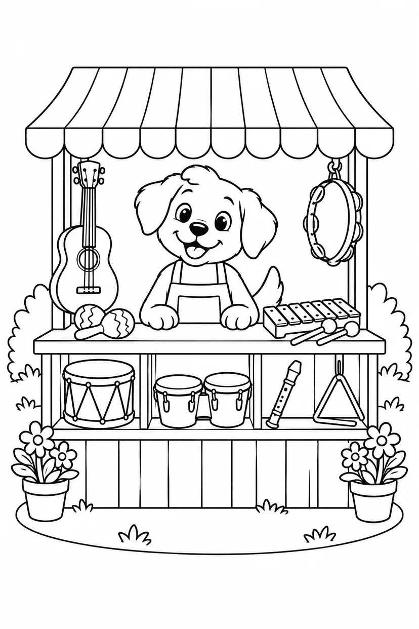 こいぬの楽器屋さんの屋台の塗り絵