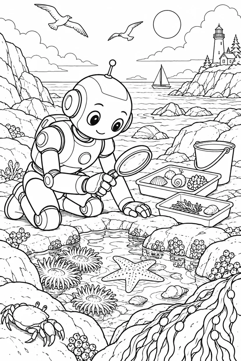 夏のロボットの自然調査の塗り絵