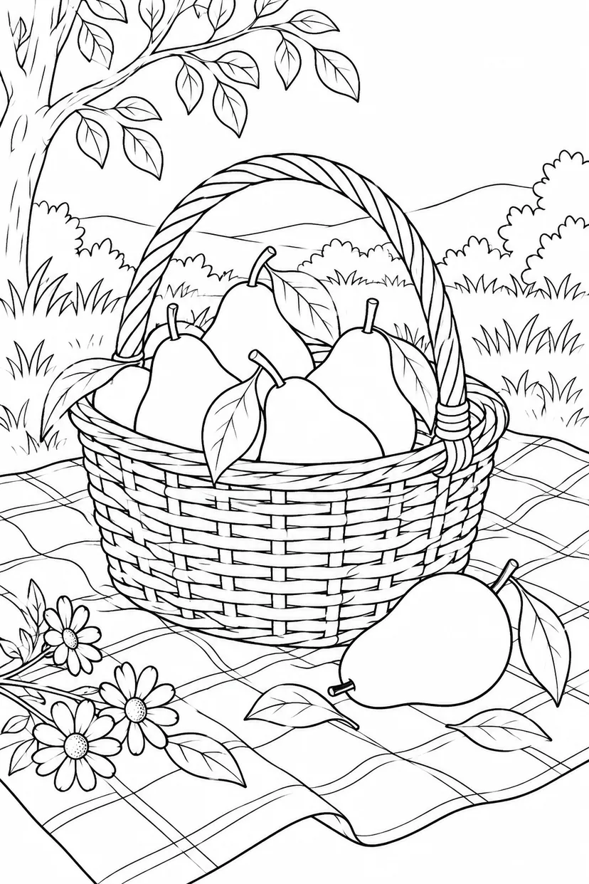 ピクニックの布と洋梨のかごの塗り絵
