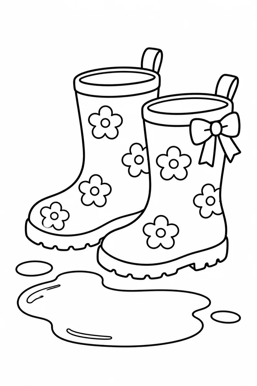 おしゃれな長ぐつと水たまりの塗り絵
