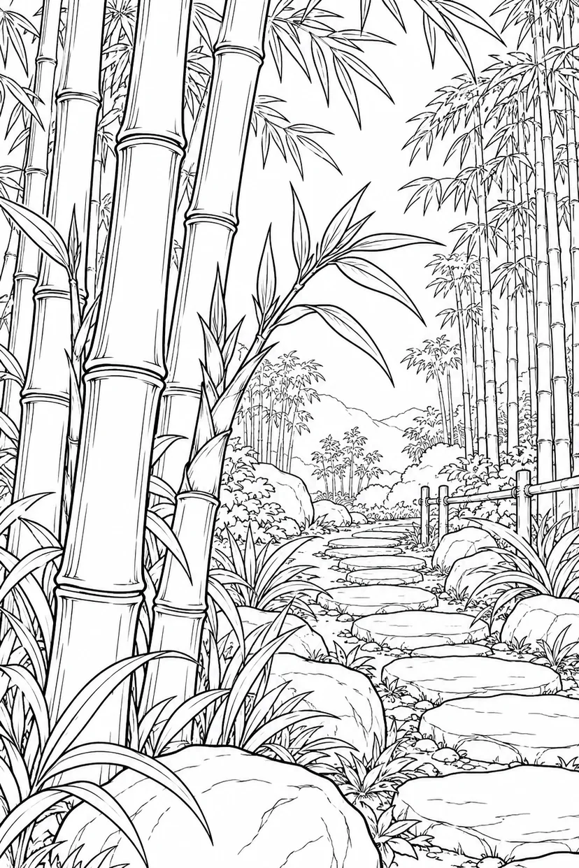 自然のひとこま：竹の節と若い葉の塗り絵