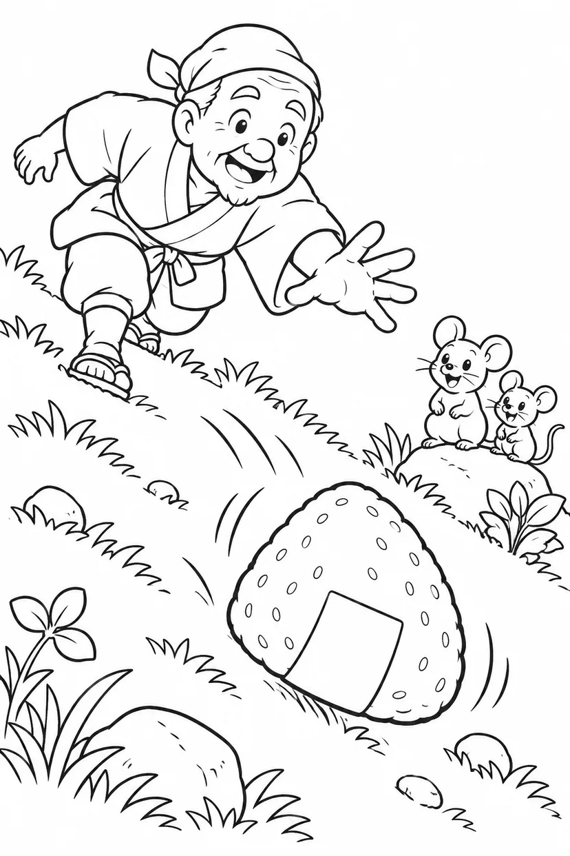 おむすびころりん・ほっこり：坂道をころがるおむすびの塗り絵