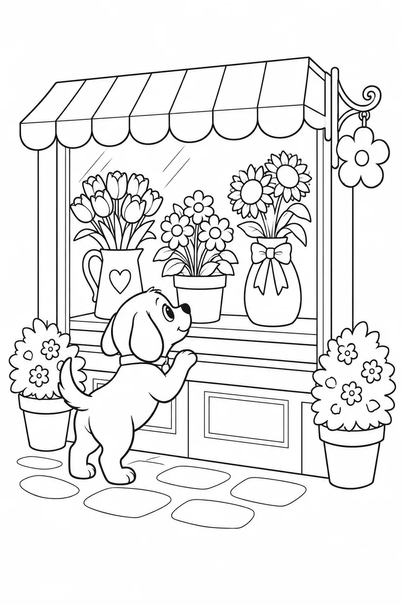こいぬのお花屋さんのショーウィンドウの塗り絵