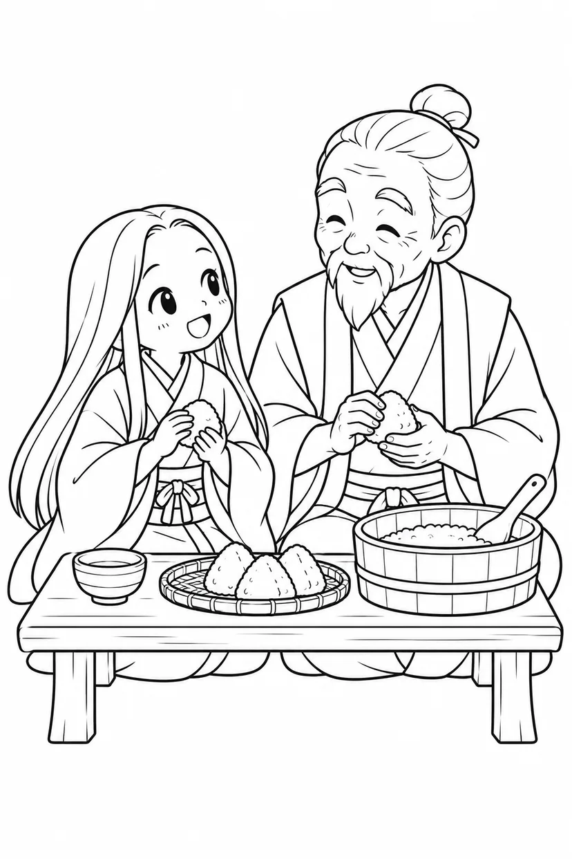 かぐや姫のころころおむすびの塗り絵