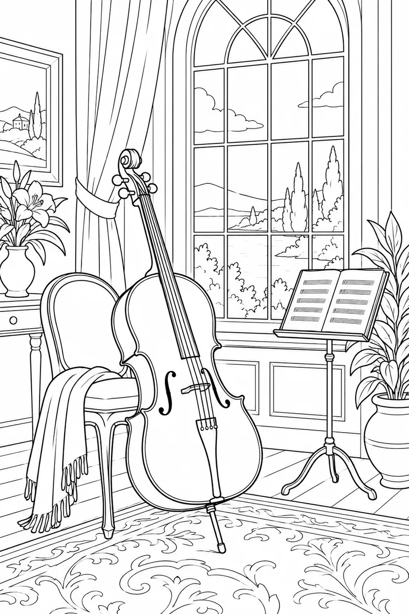 音楽室のチェロと大きな窓の塗り絵