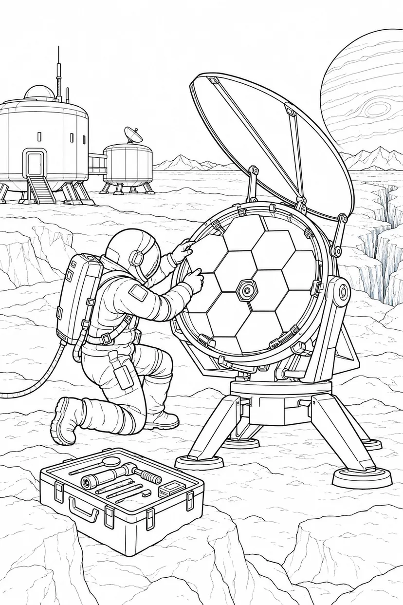 氷の衛星の探査基地：組み立て中の望遠鏡の塗り絵