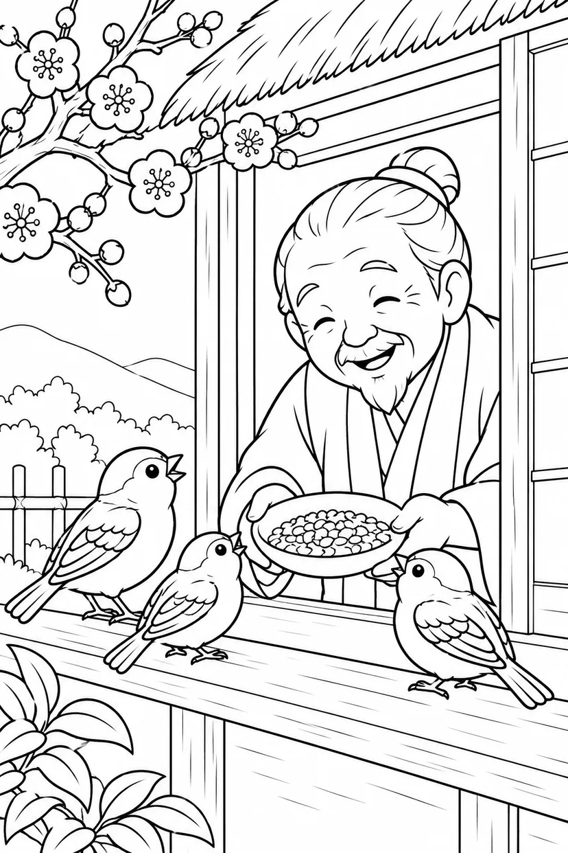 したきりすずめ：春の庭にまた会いにきたよの塗り絵