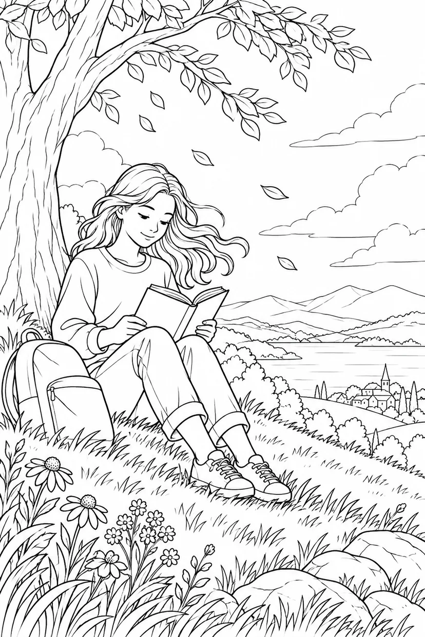 風の丘で本を読む学生の塗り絵