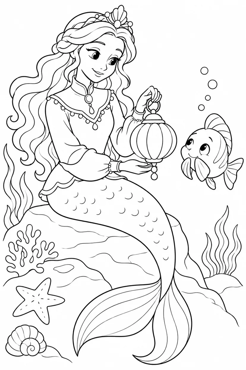 人魚姫：はずかしがりの魚と真珠ランタンの塗り絵