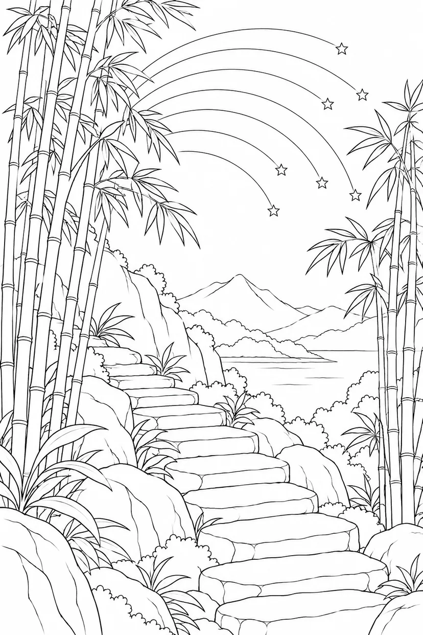 竹林の石段と星の軌跡の塗り絵