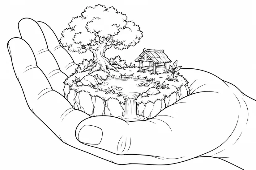 小さな島を抱く大きな手の塗り絵