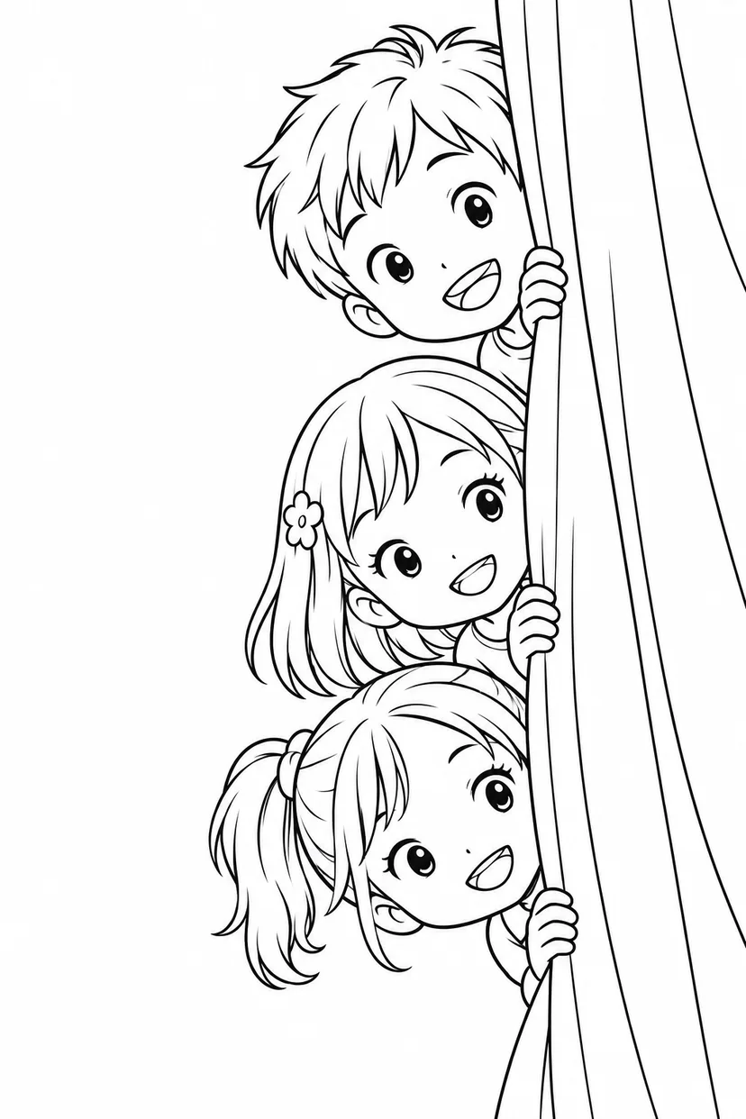カーテンからこんにちはの塗り絵
