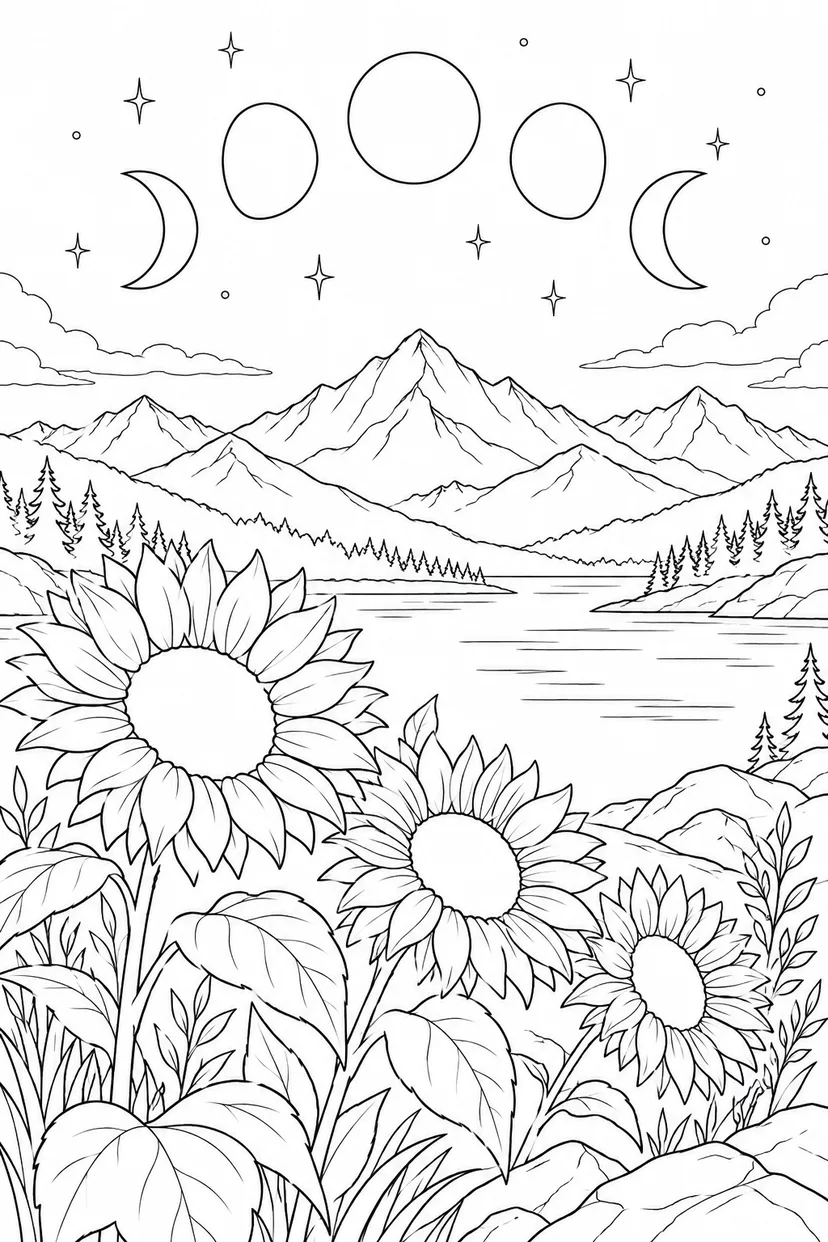 ヒマワリと遠い山並みと月の満ち欠けの塗り絵