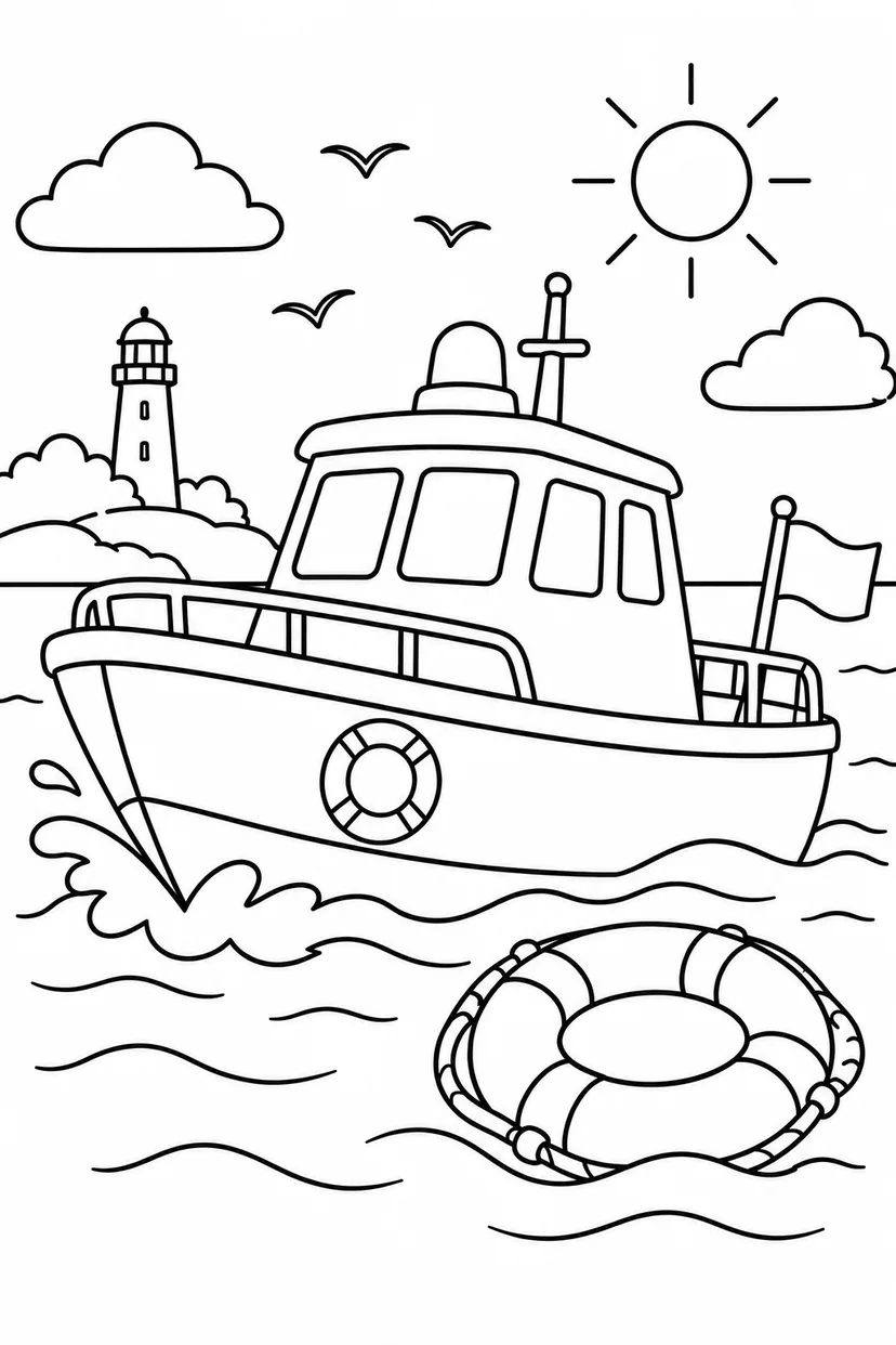 救助ボートと救命浮輪の塗り絵