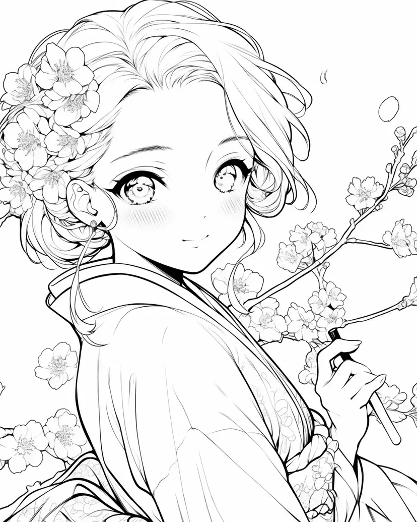 Desenho de Garota das Flores de Cerejeira para colorir
