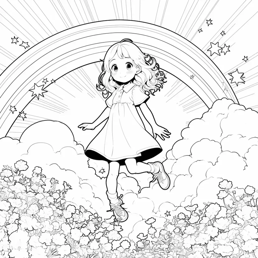 虹の上を歩く少女の塗り絵
