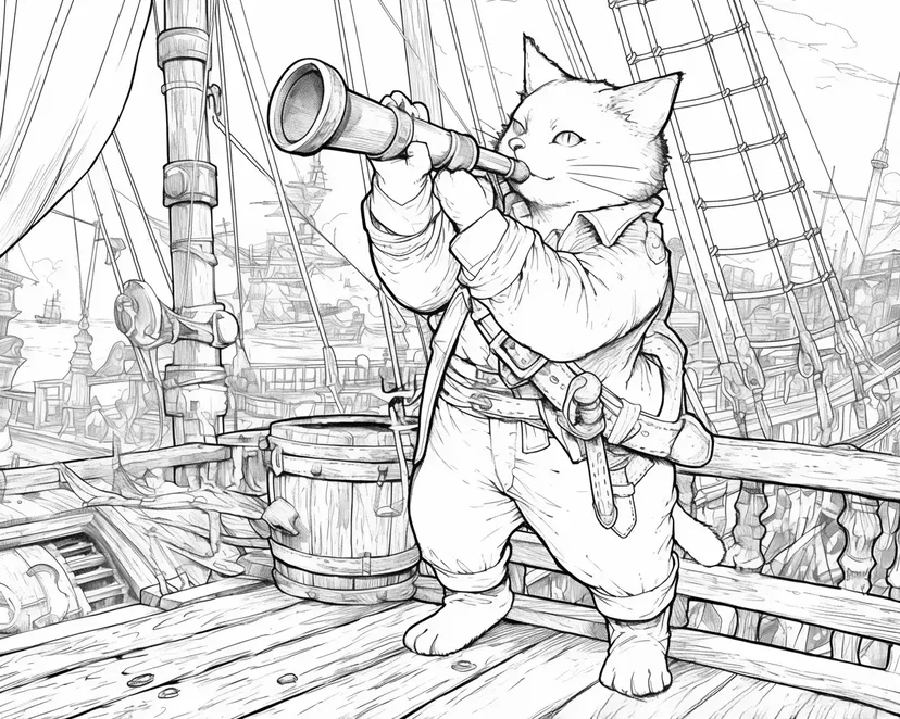 冒険の海を見渡す船長猫の塗り絵