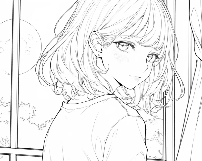 窓辺の少女の塗り絵