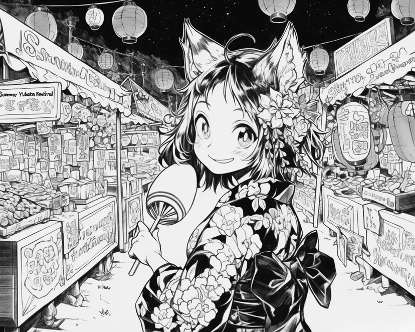 夏日祭典上的猫耳女孩涂色页