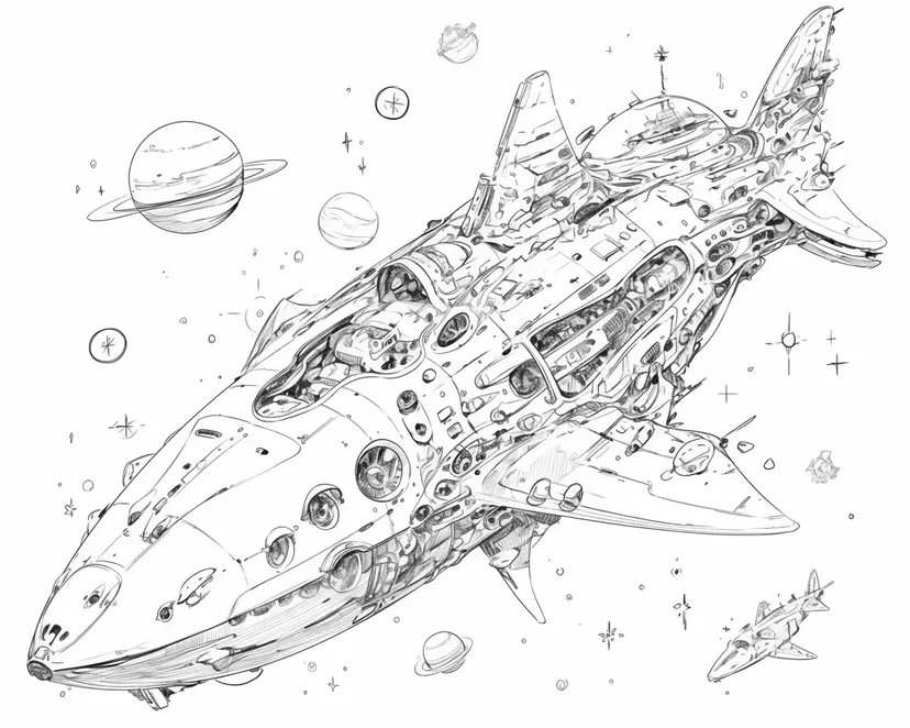 宇宙を泳ぐサメ型宇宙船の塗り絵
