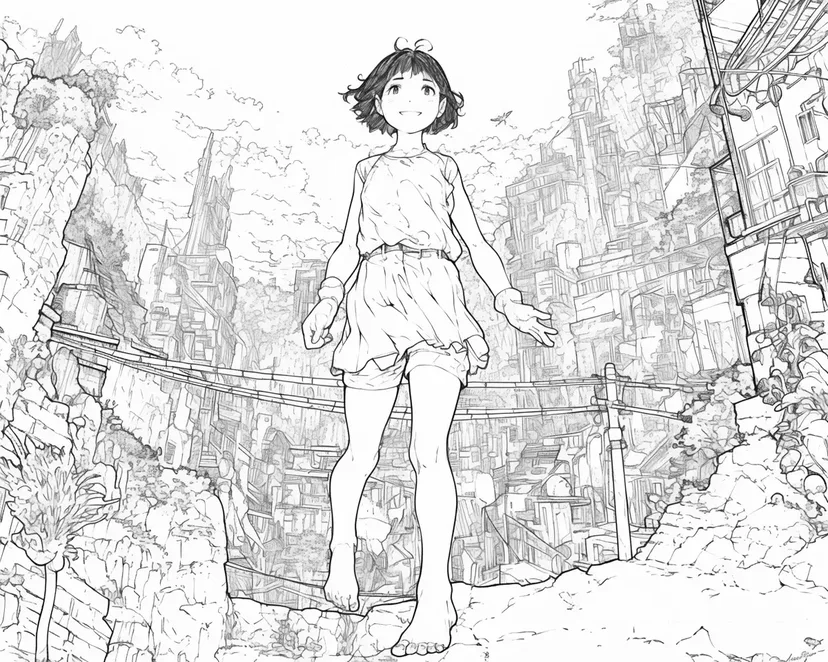 Dibujo de Chica Caminando en la Ciudad de Aventura para colorear