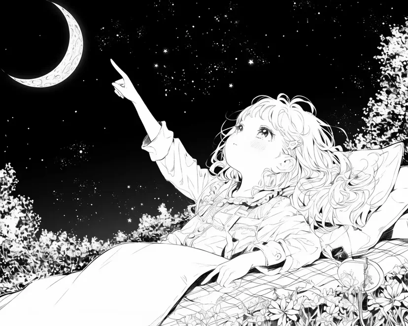 Desenho de Menina Olhando para o Céu Estrelado para colorir