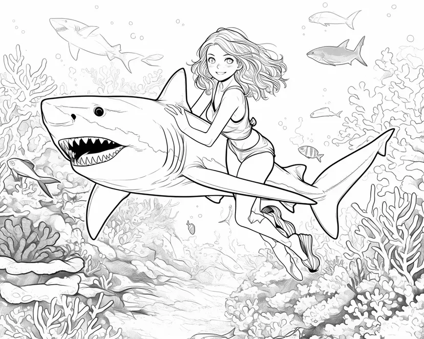 Gambar mewarnai Petualangan Berenang dengan Hiu