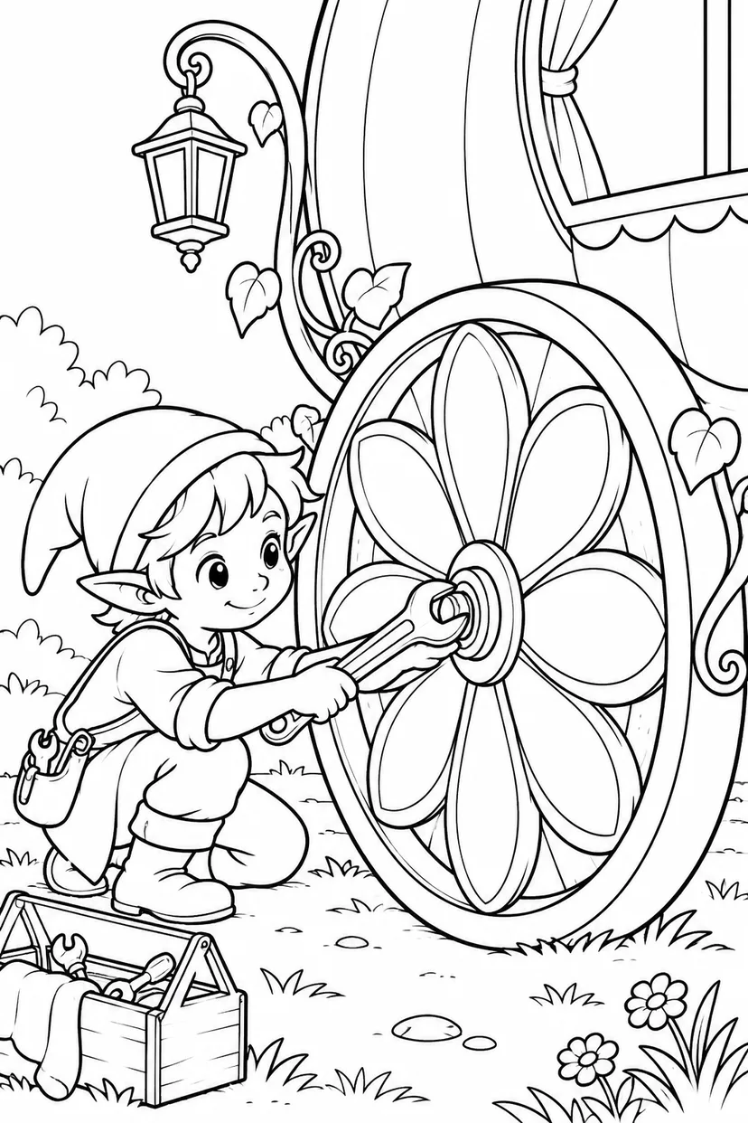 かぼちゃ馬車の車輪なおしの塗り絵