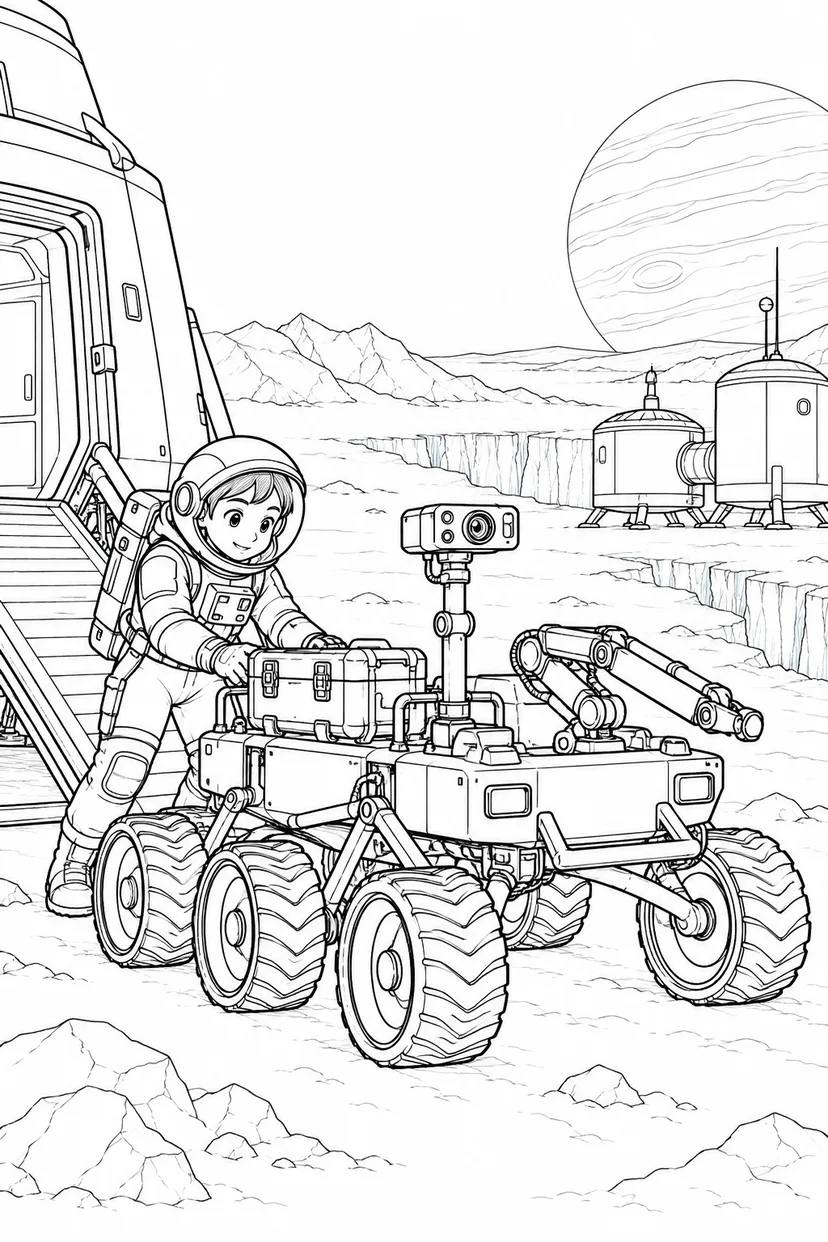 氷の衛星の探査基地：探査車の出発準備の塗り絵