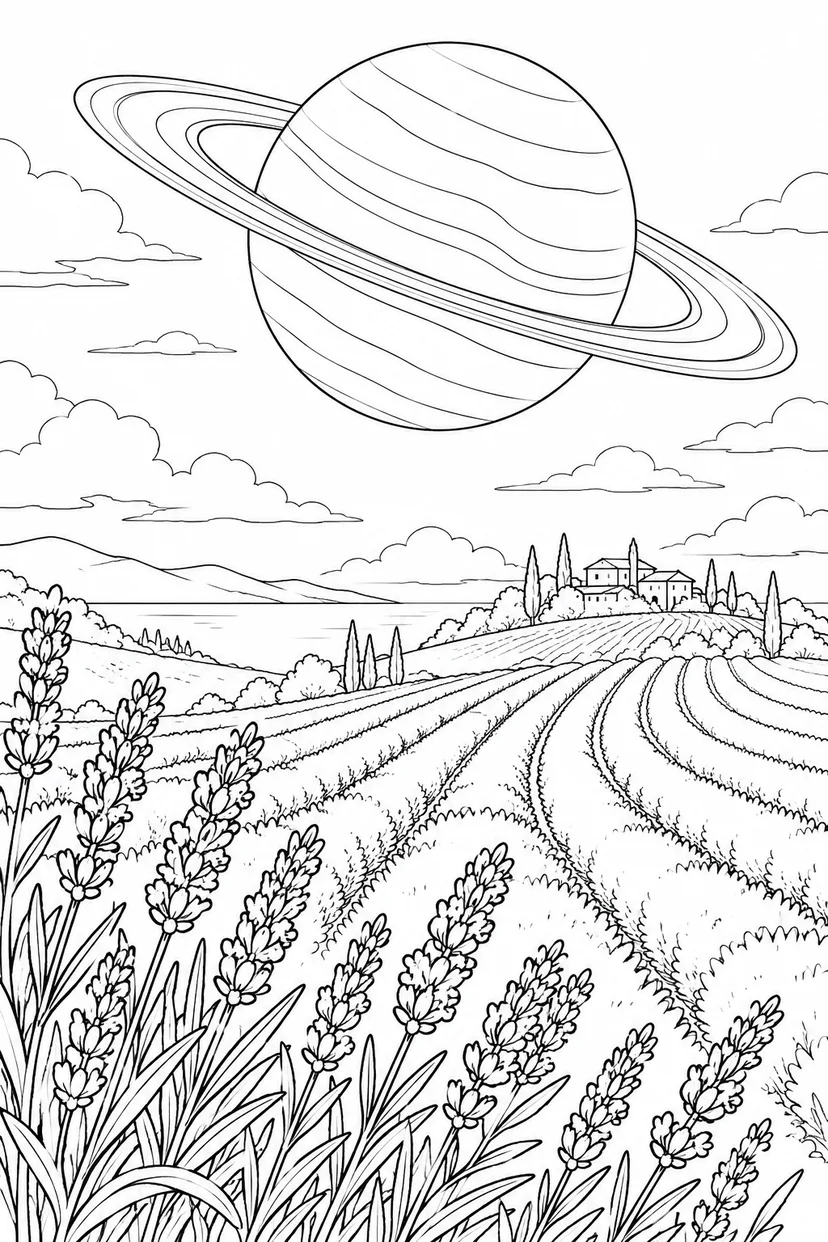 ラベンダーの丘と環のある惑星の塗り絵