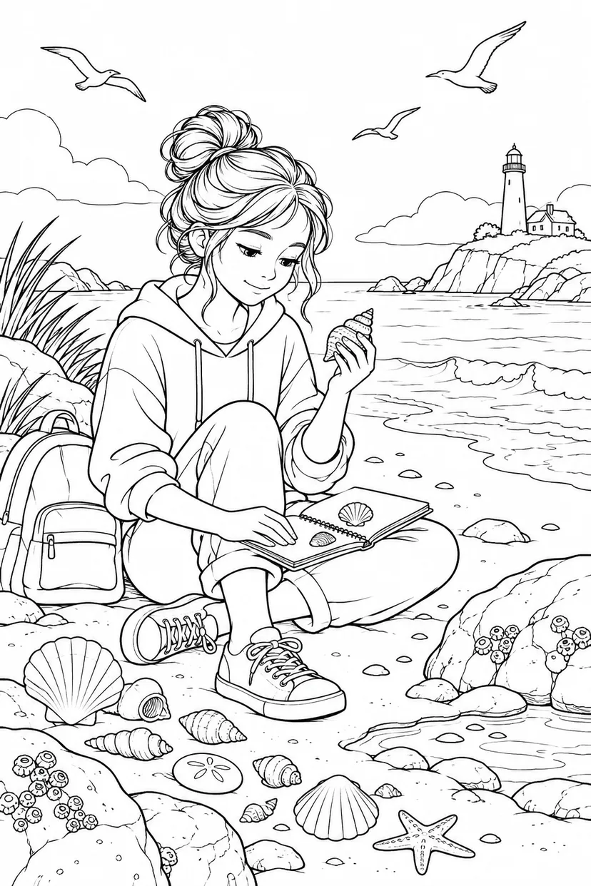 海辺で貝を観察する学生の塗り絵