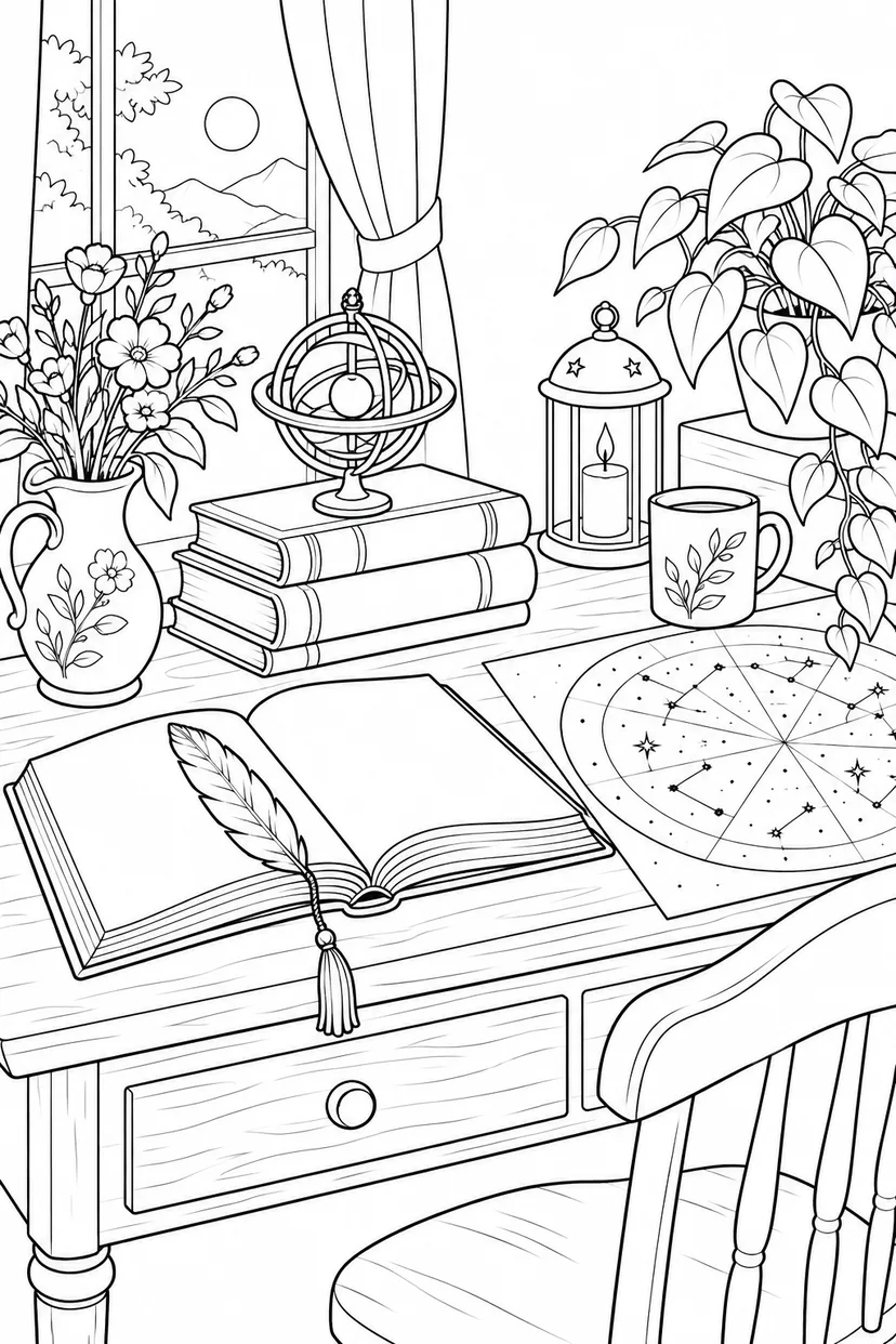 羽根のしおりと星図の机の塗り絵