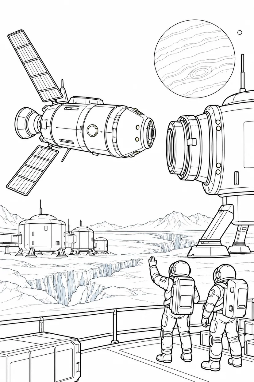 氷の衛星の探査基地：補給船のドッキングの塗り絵