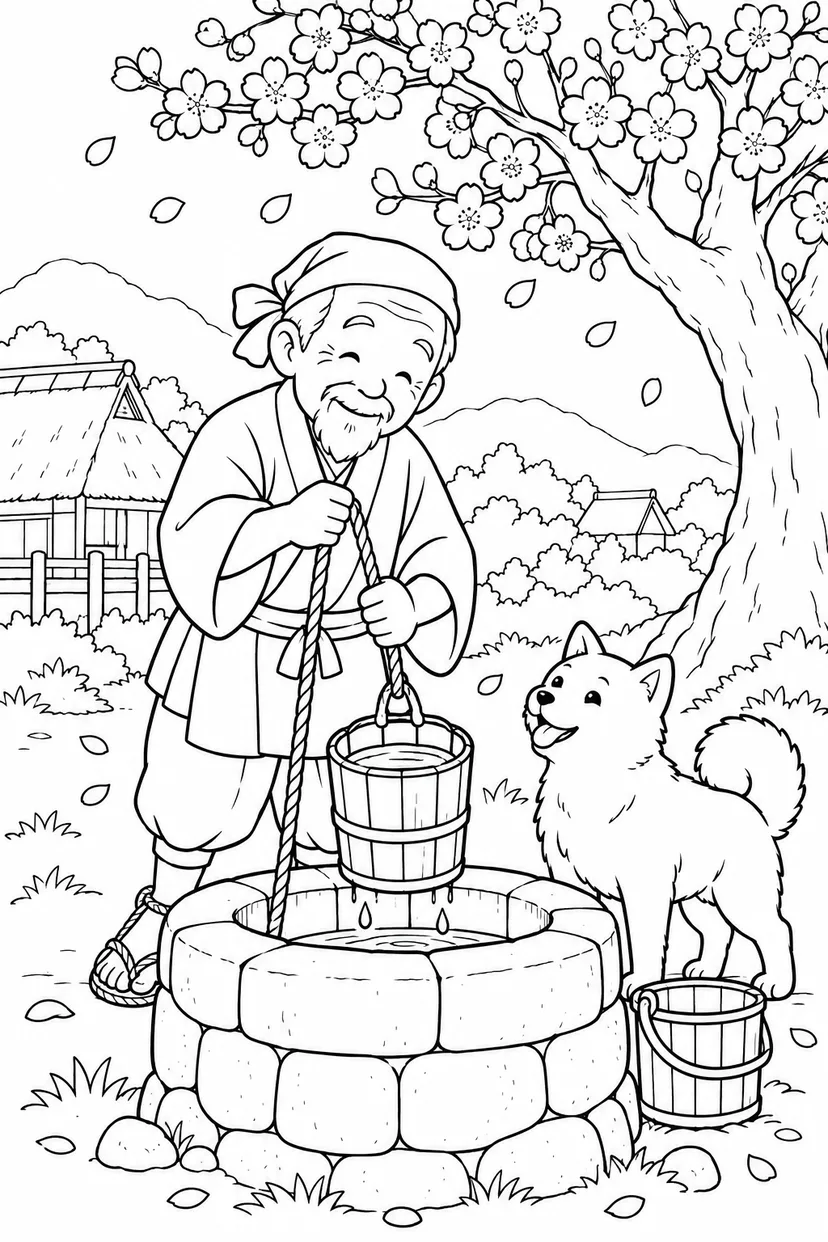 はなさかおじさん：桜のそばの井戸くみ（ほっこり）の塗り絵