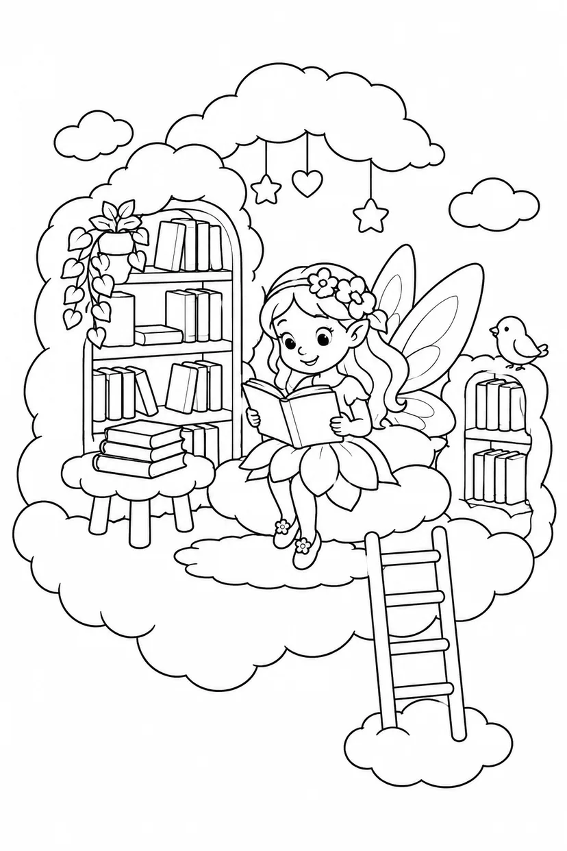 花の妖精と雲の図書館の塗り絵