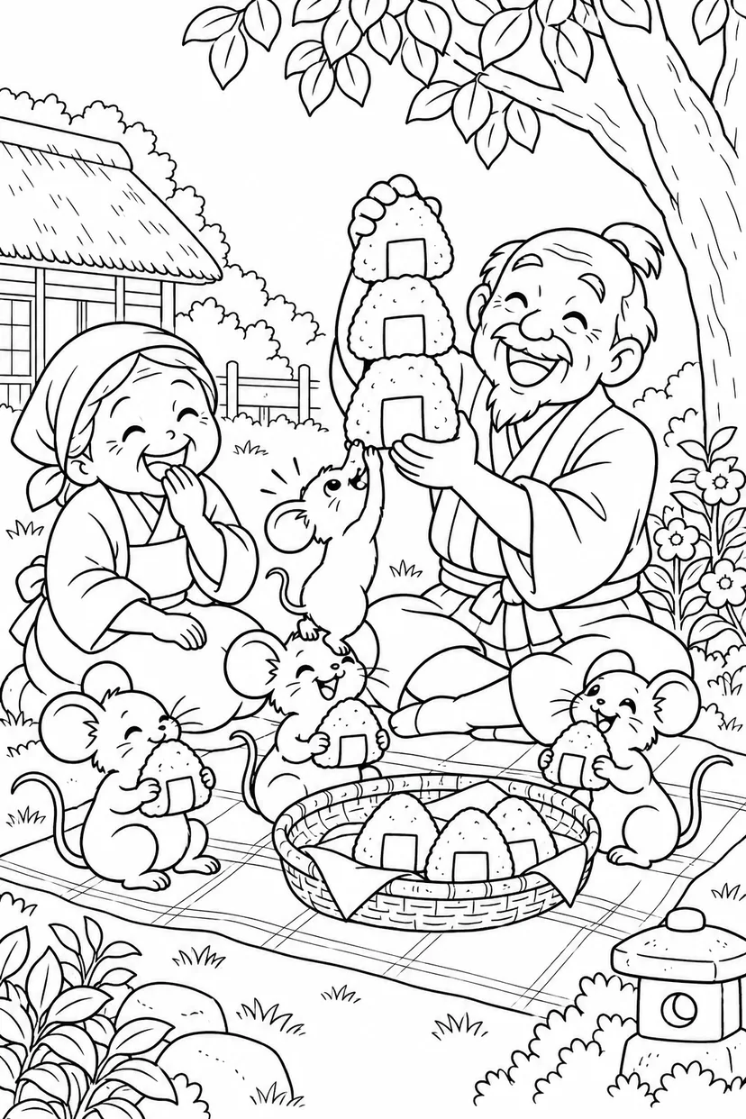 おむすびころりん・ギャグ：みんなでおむすびの塗り絵
