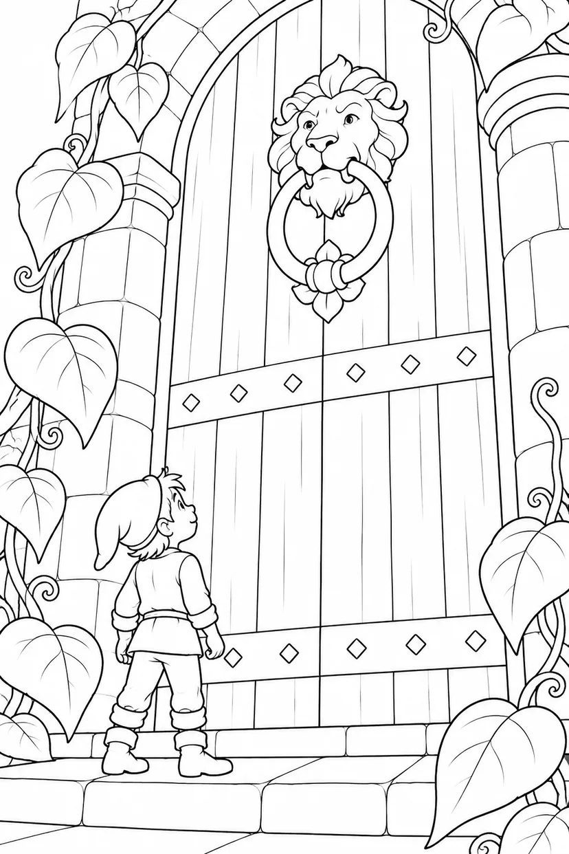 Jack and the Beanstalk・Heartwarming — The enormous castle door coloring page