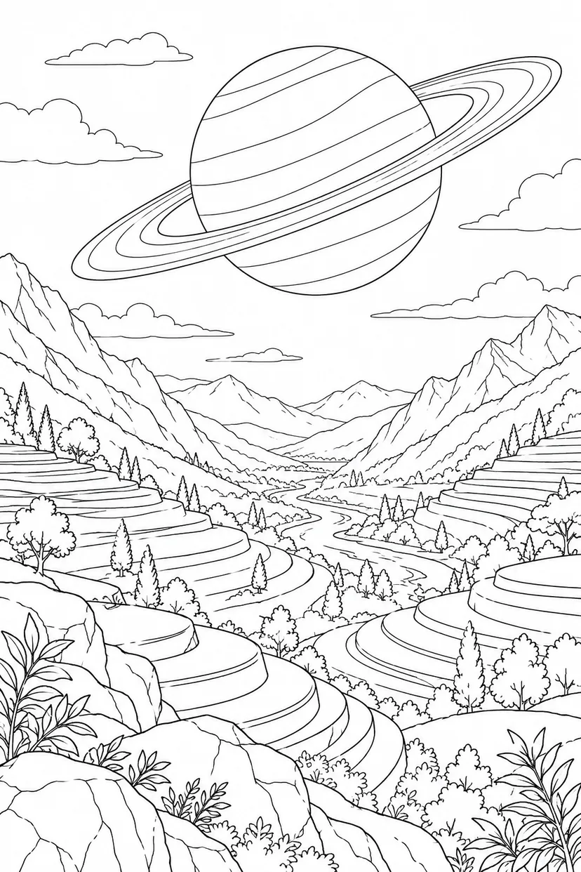 段々畑の谷と環のある惑星の塗り絵