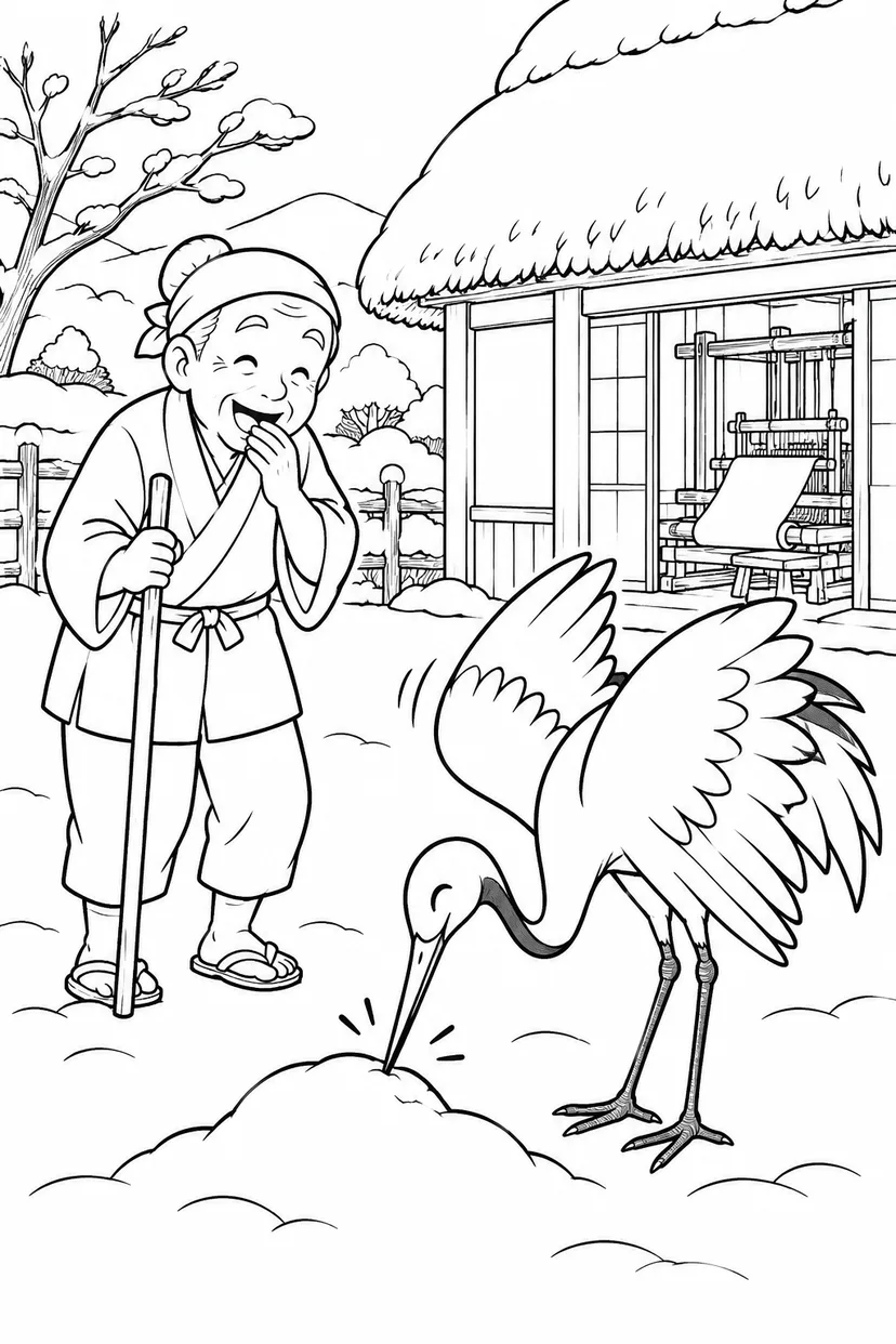つるの恩返し：おじぎが深すぎるつるの塗り絵