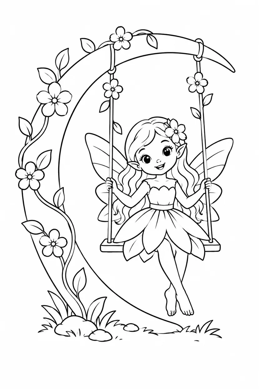 花の妖精と星のブランコの塗り絵