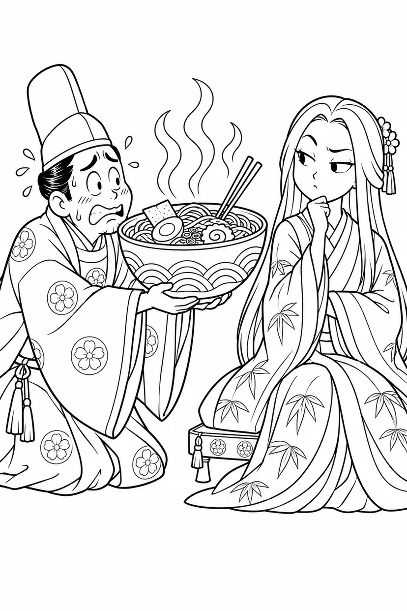 かぐや姫とおわん違いの求婚者の塗り絵
