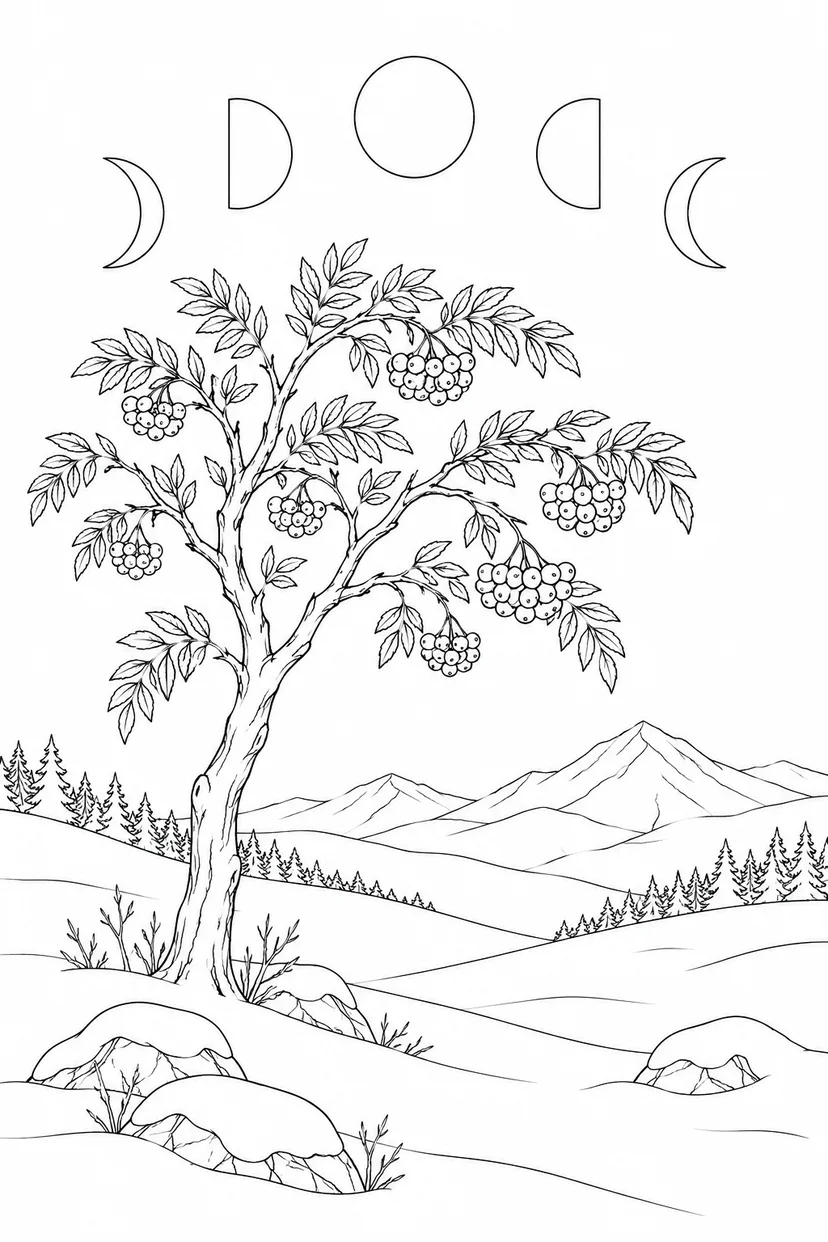 雪原のナナカマドと月の満ち欠けの塗り絵
