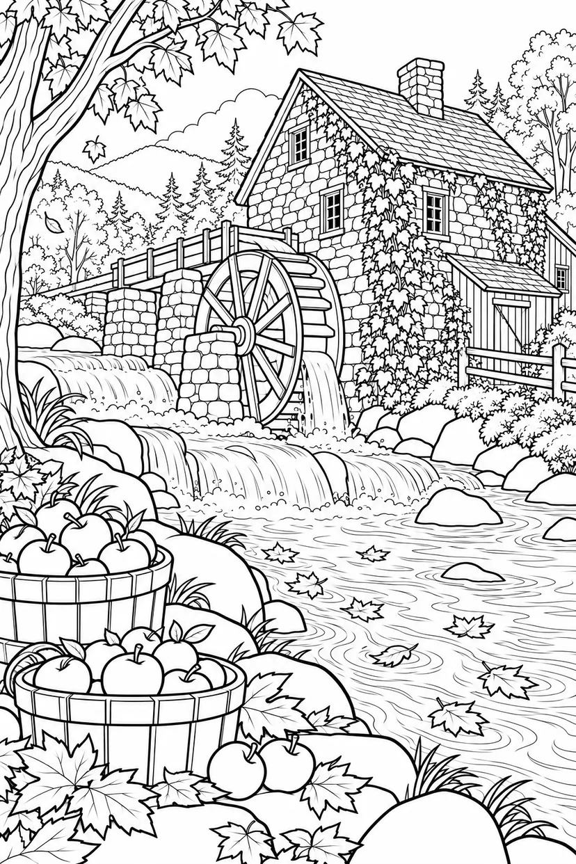 秋の水車小屋の小さな川の塗り絵