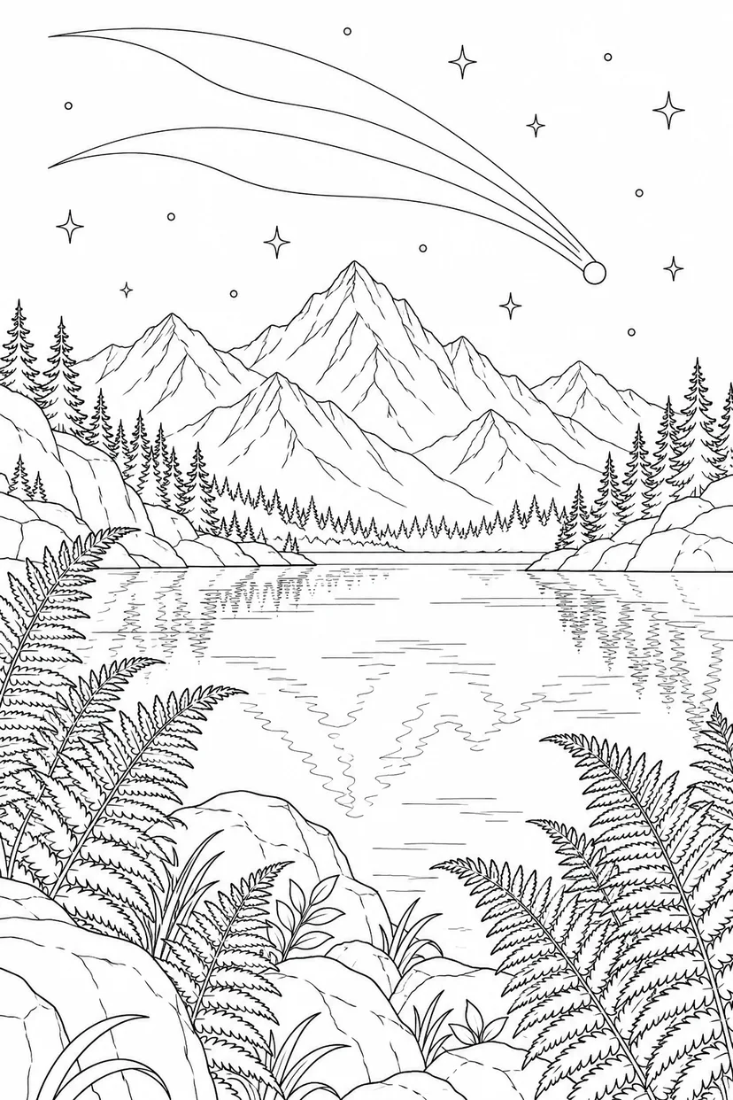 高山湖とシダと尾をひく彗星の塗り絵