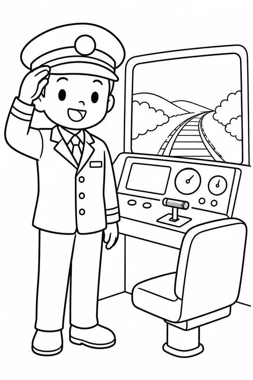 電車の運転士さんと運転席の塗り絵